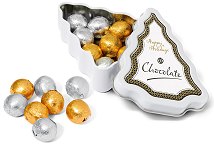 Foil Wrapped Chocolate Balls in a Mini Christmas Tree Tin