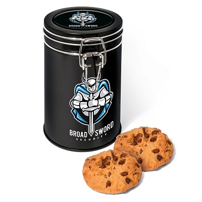 Choc Chip Cookies Individually Wrapped in a Black Flip Top Tin Can