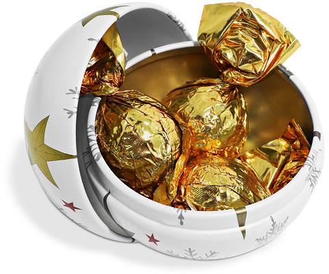 Branded Christmas Bauble Tin of Foiled Caramels with three foil wrapped caramels