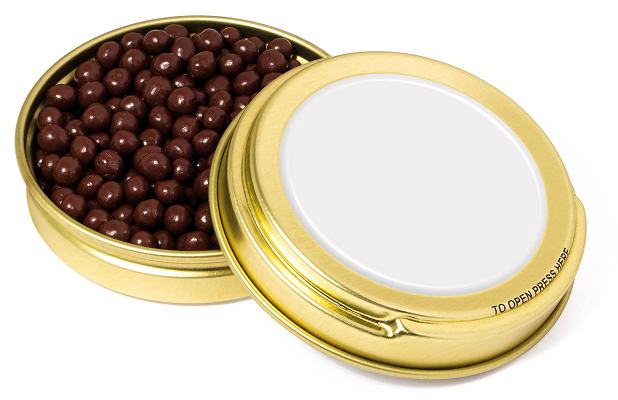 Branded Dark Chocolate Pearls Gold Caviar Tin with a blank area before we print your promotional logo