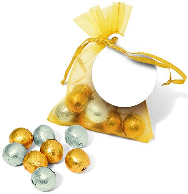 Gold & Silver Foil Chocolate balls in an Organza Bag with a blank tag before we print your logo 