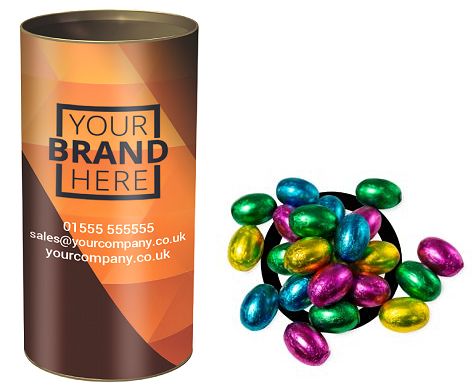 Logo Branded Tubes of Solid Milk Chocolate Eggs in Foil