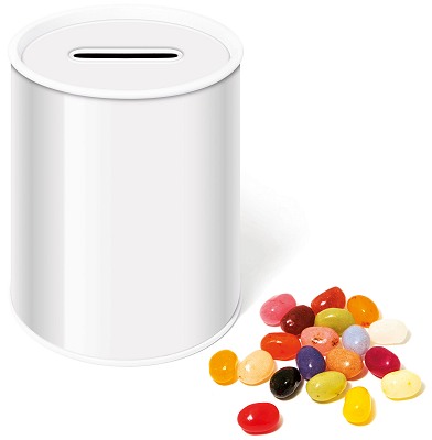 Jelly Bean Money Box Tin with blank wrap for logo customisation