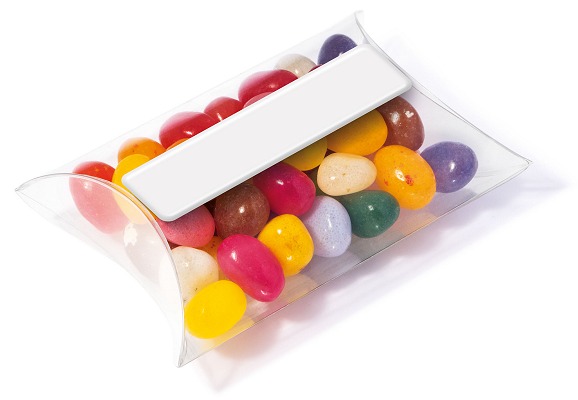 Jelly Beans in a Large Pouch with a blank domed strip or flat label before we print your logo 