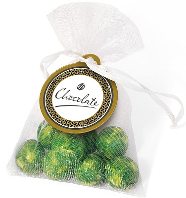 Logo Branded Chocolate Sprouts in an Organza Bag in a white bag