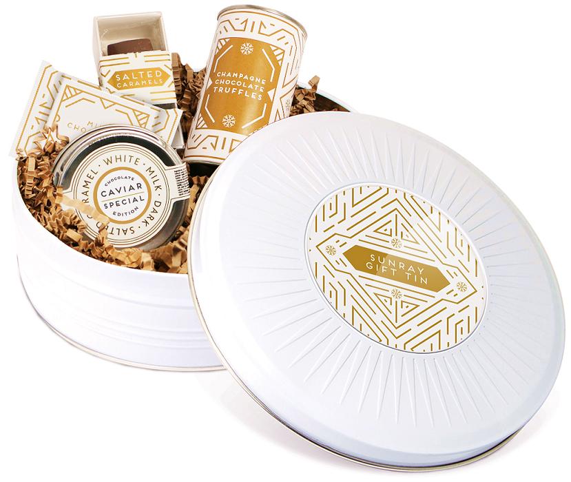 Logo Branded Christmas Chocolate Selection in a White Sunray Gift Tin