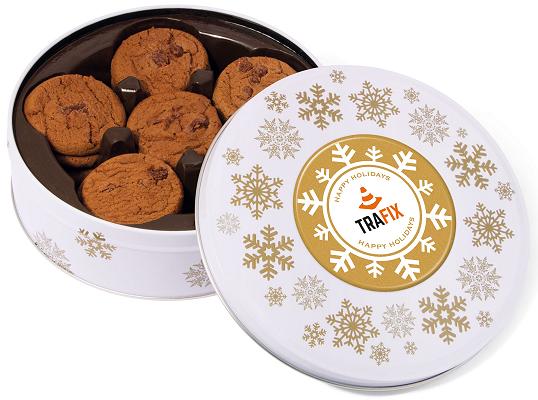 Promotional Christmas Belgian Chocolate Chip Cookies in a White Share Tin