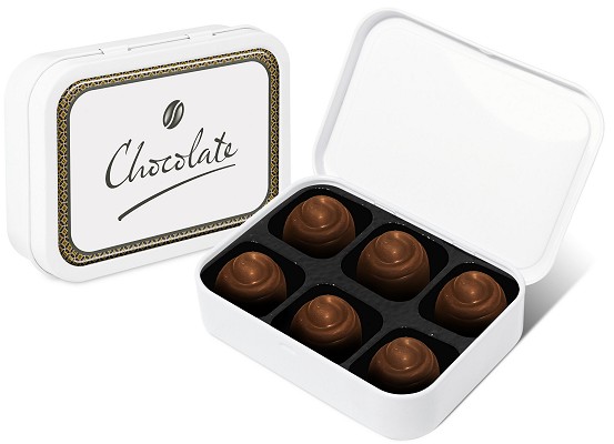 Promotional Salted Caramel Chocolate Swirls in a White Sweet Tin