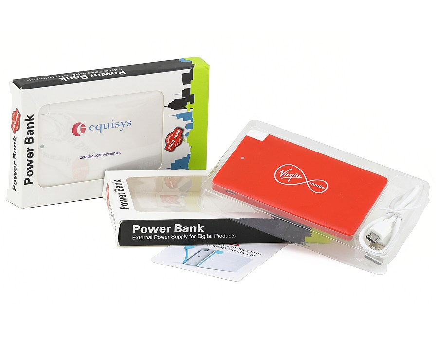 Business Card Sized Power Bank packed in a window box including USB connecting lead